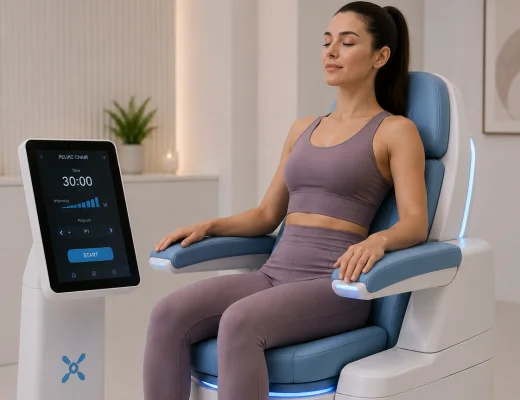 Femme assise dans un fauteuil médical avec écran de traitement affiché.