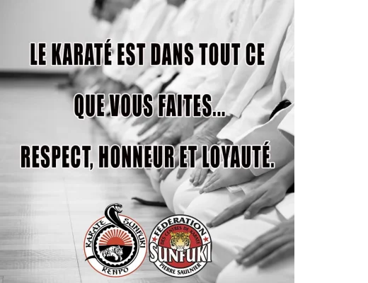 Karatekas en kimono agenouillés avec message sur le respect et loyauté